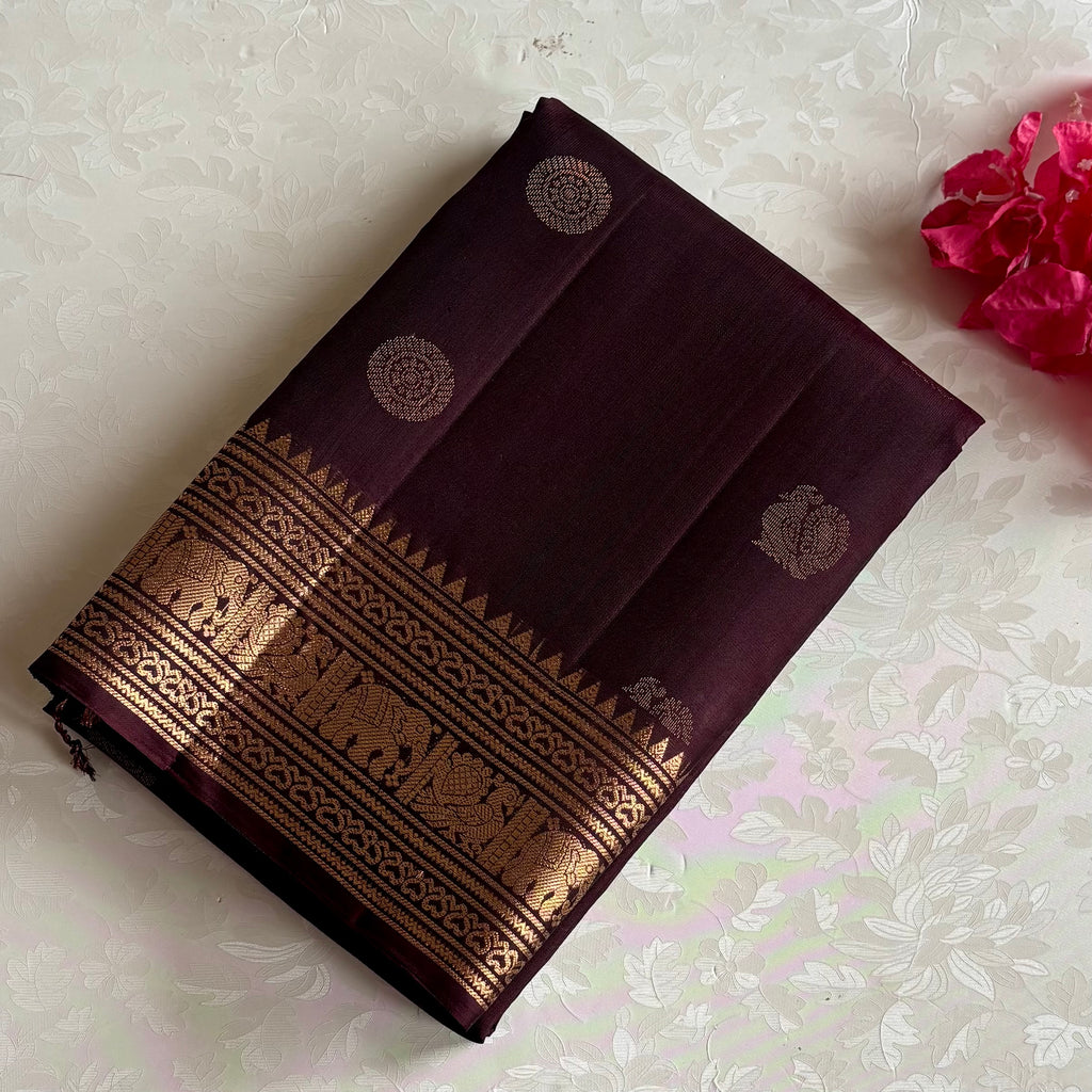 Deep Brownish Plum Antique Gold Designer Pure Silk Saree With Temple Borders