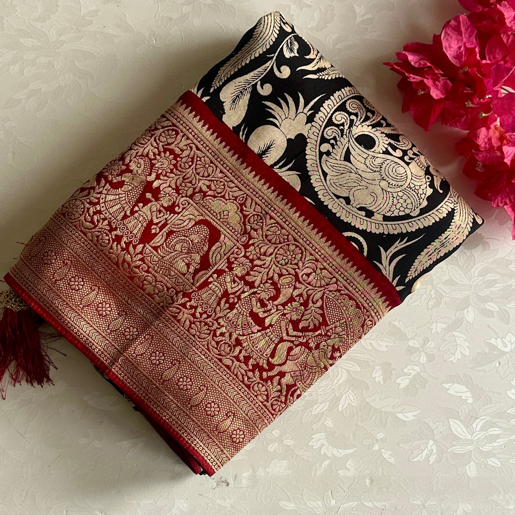 Jet Black Kalamkari Soft Tussar Silk Saree With Deep Maroon Pallu