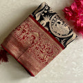 Jet Black Kalamkari Soft Tussar Silk Saree With Deep Maroon Pallu