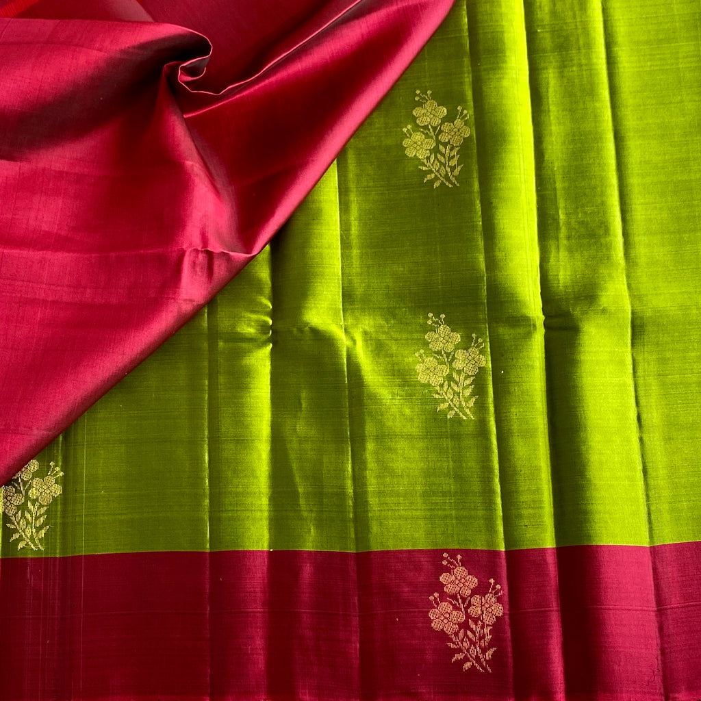Lime Green Designer Pure Silk Saree With Cherry Red Pallu And Gold Zari