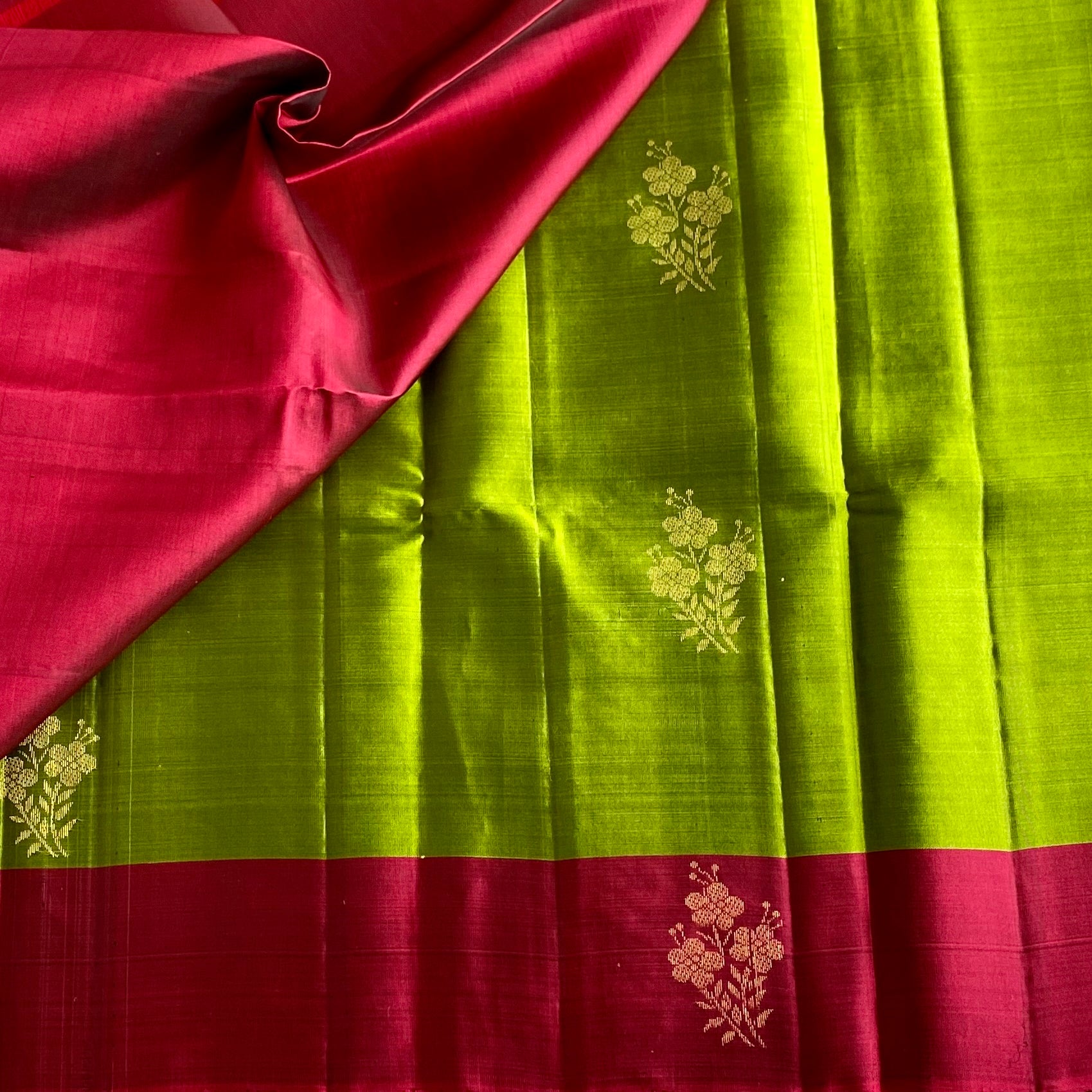 Lime Green Designer Pure Silk Saree With Cherry Red Pallu And Gold Zari