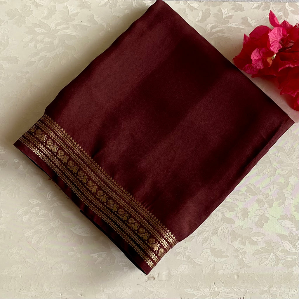 Copper  Brown Premium Soft Crepe Silk With Metallic Gold Pallu