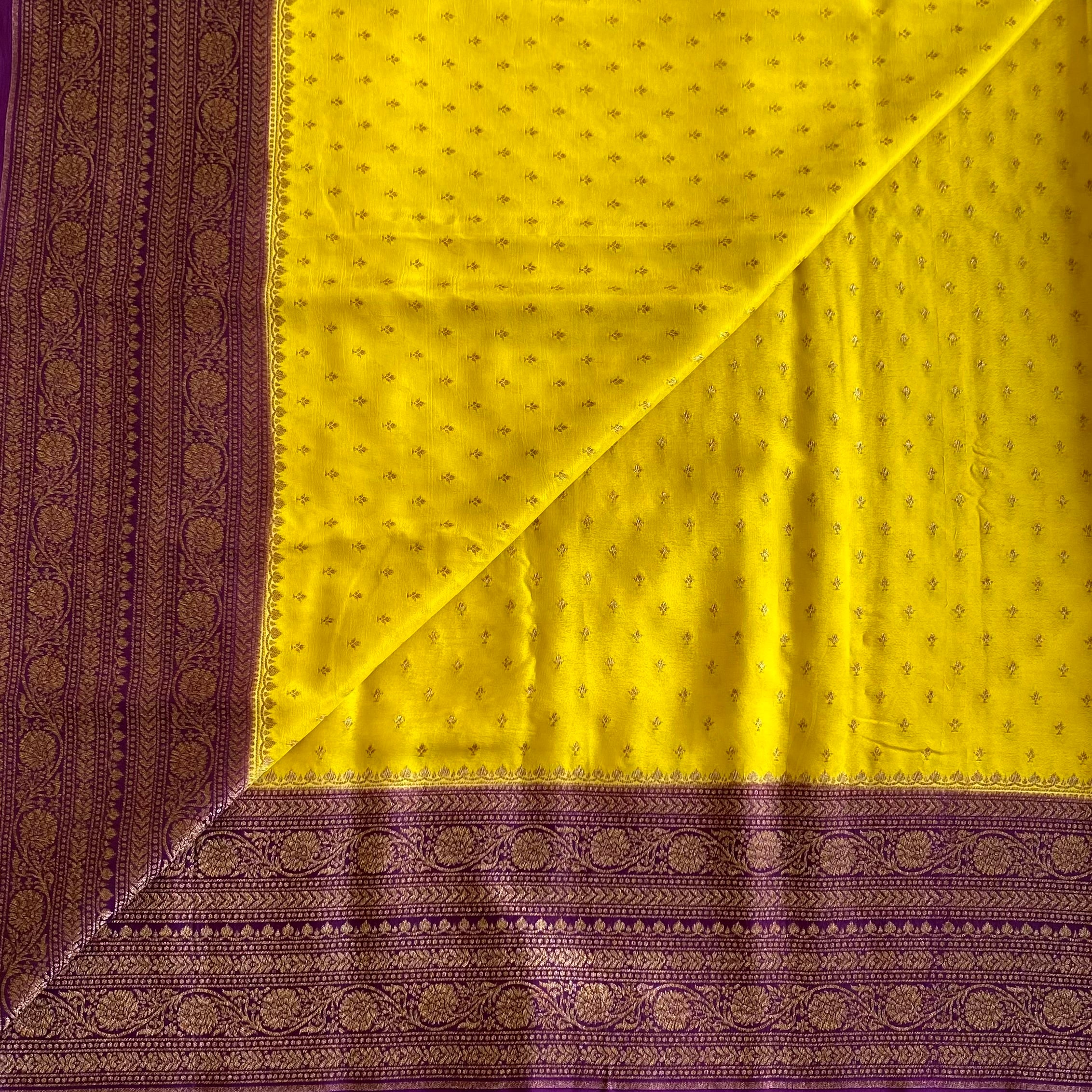 Lime Yellow Banarasi Crepe Silk Saree With Royal Purple Gold Brocade