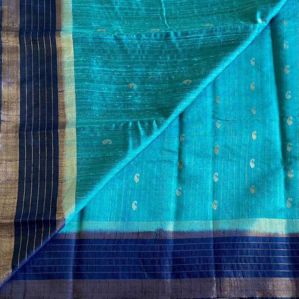 Turquoise blue Handwoven Pure Raw Silk With Indigo Blue Contrast