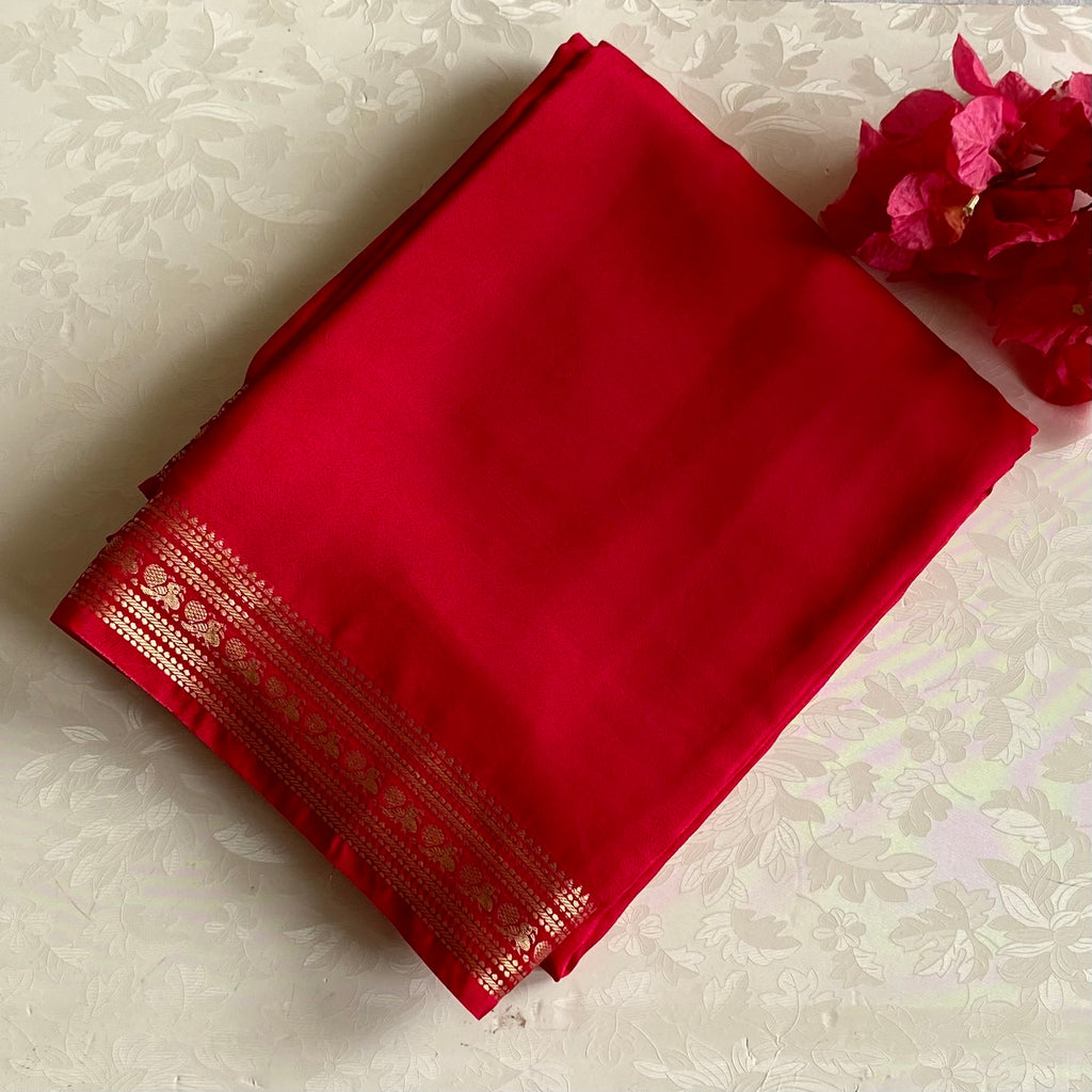 Tomato Pink Premium Soft Crepe Silk With Metallic Gold Pallu