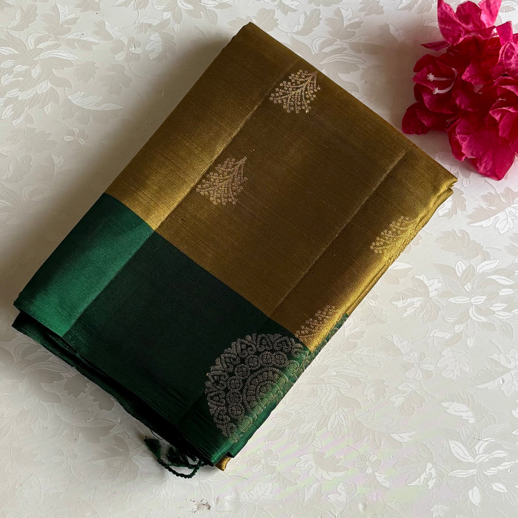 Olive Gold Designer Pure Silk Saree With Bottle Green Pallu