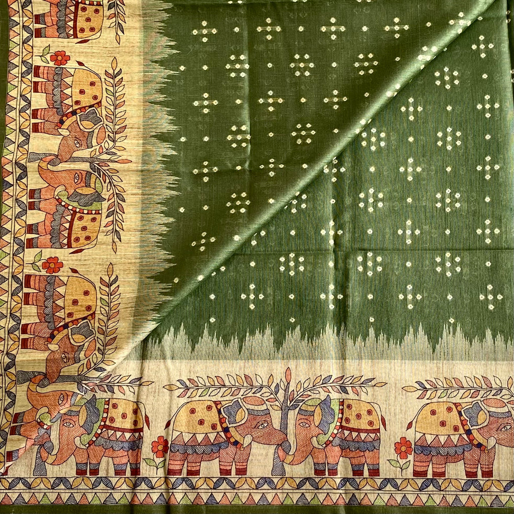 Olive Green Soft Tusaar Silk with Printed Designer Warli Borders & Pallu
