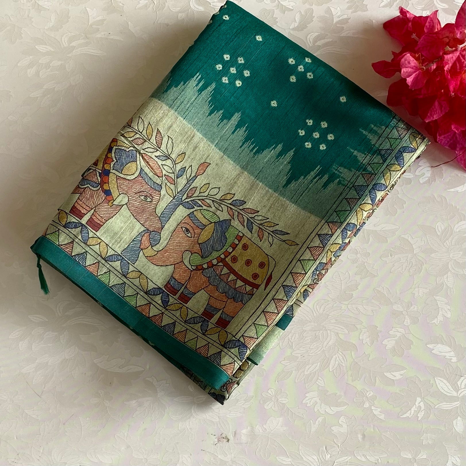 Bluish Green Soft Tusaar Silk with Printed Designer Warli Borders & Pallu