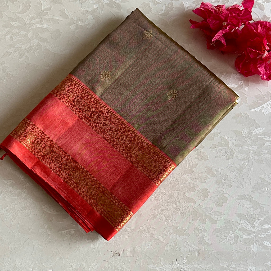 Rare Chestnut Greenish Designer Pure Silk Saree With Coral Orange Pallur