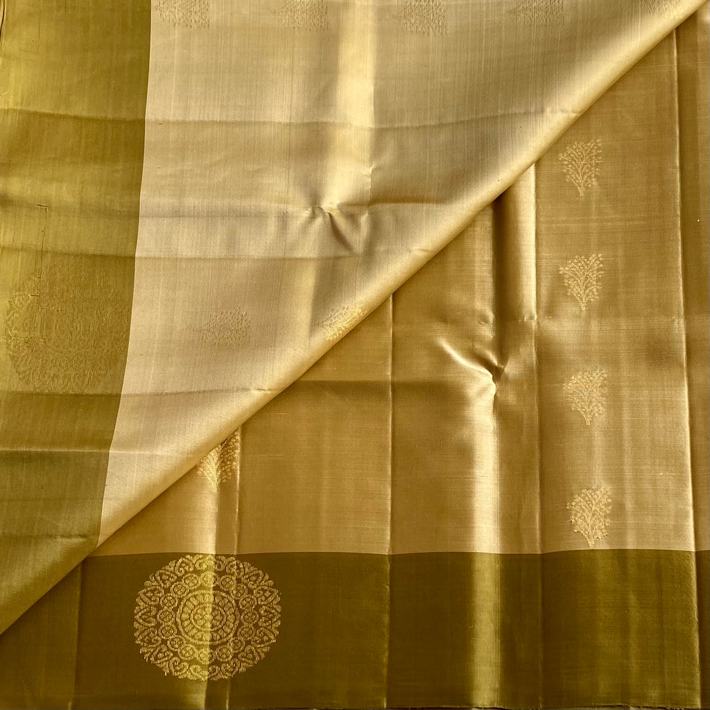 Metallic Beige/Gold Designer Pure Silk Saree With Olive Green Contrast