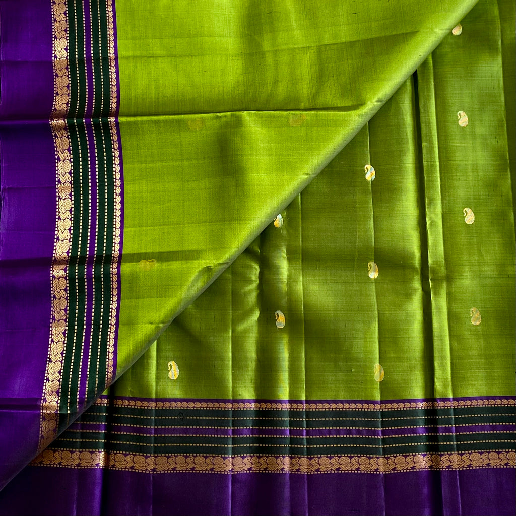 Kanjeevaram Pure Zari Silk Olive Green With Rich Royal Purple Contrast