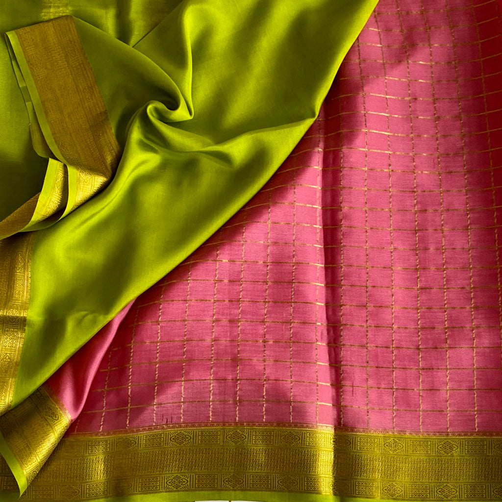 Rose Pink Checkered Mysore Crepe Silk With Lime Green Borders & Pallu