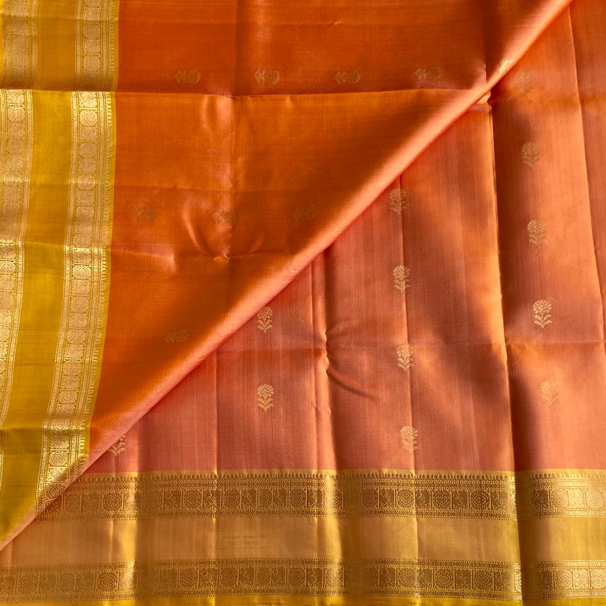 Dreamy Peach With Golden Retta Petta Designer Pure Silk