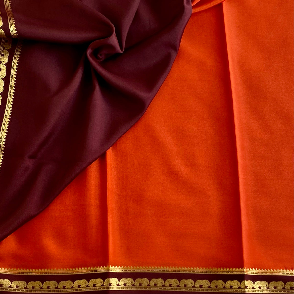 Classic Rust Orange Mysore Crepe Silk Saree With Wine Contrast