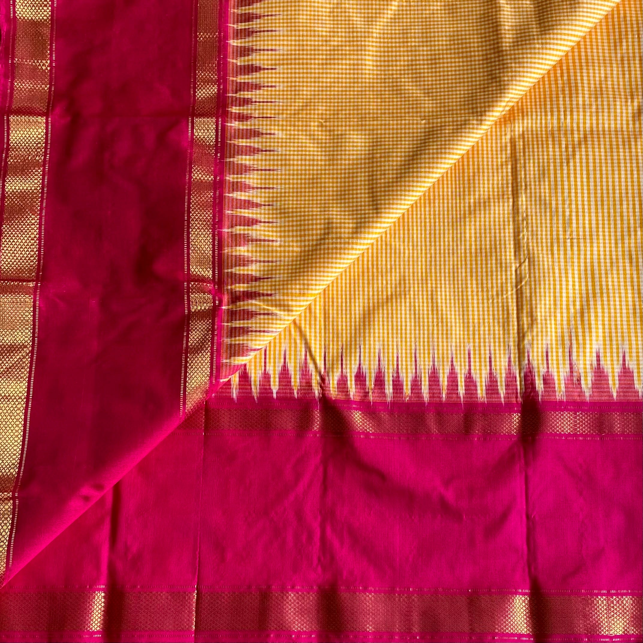 Micro Checkered Mustard Yellow Pure Ikkat Handloom Silk With Ikkat Woven Pallu & Blouse