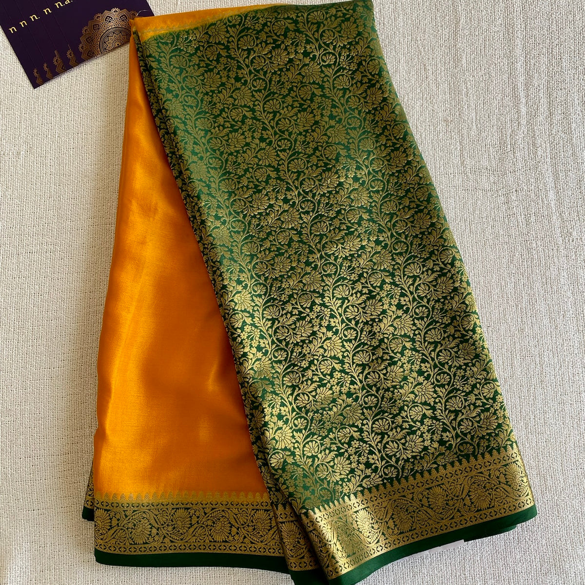 Mustard n Green Half n Half Mysore Crepe Silk Saree With Metallic Gold Zari Weave