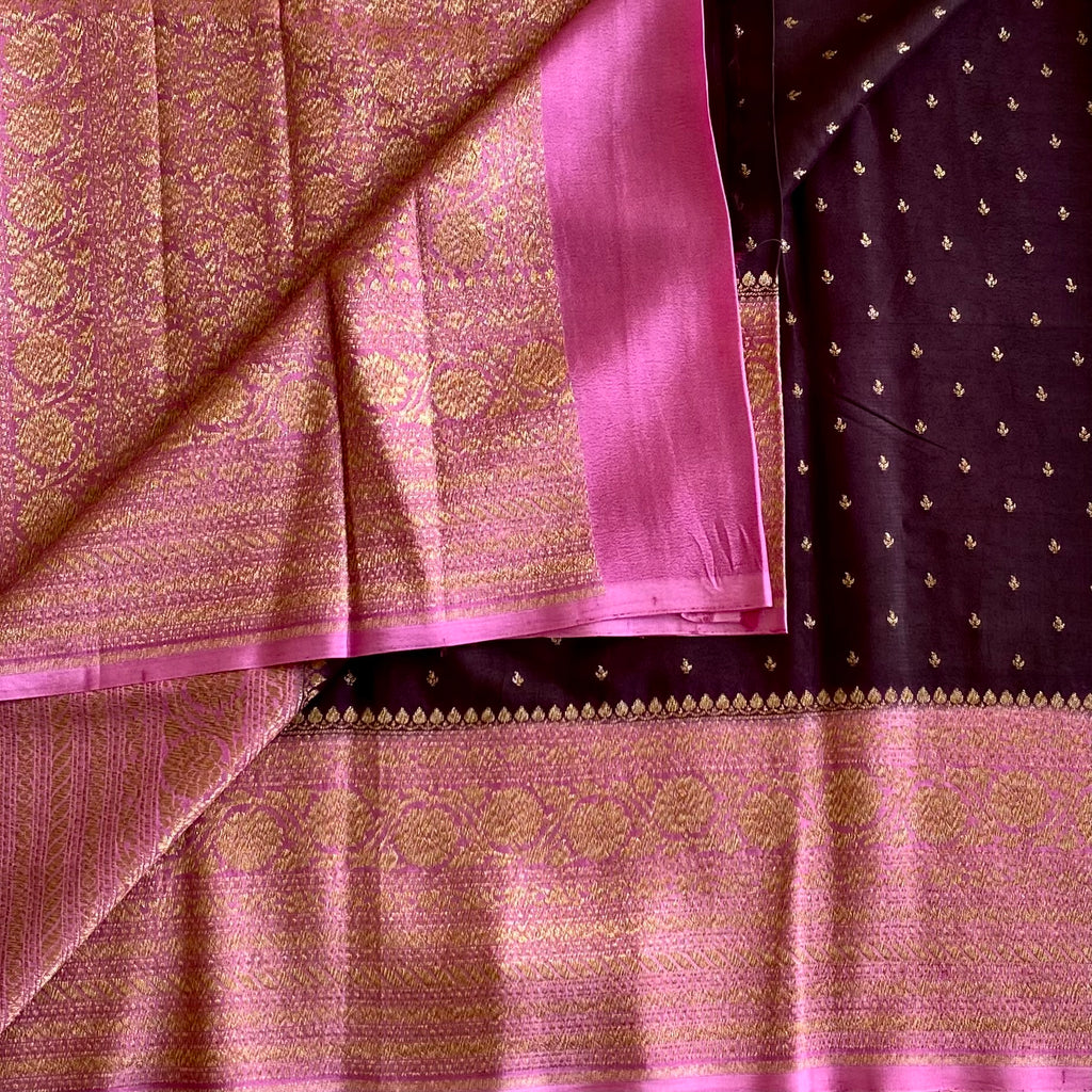 Wine Brown Banarasi Crepe Silk Saree With Rose Pink Pallu