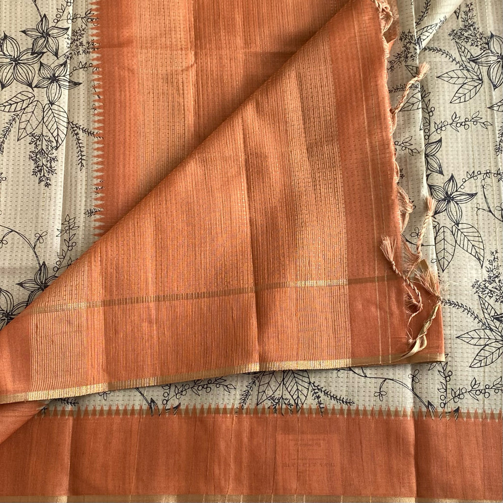 Ecru Beige Soft Tussar Silk Saree With Rusty Coral Panel