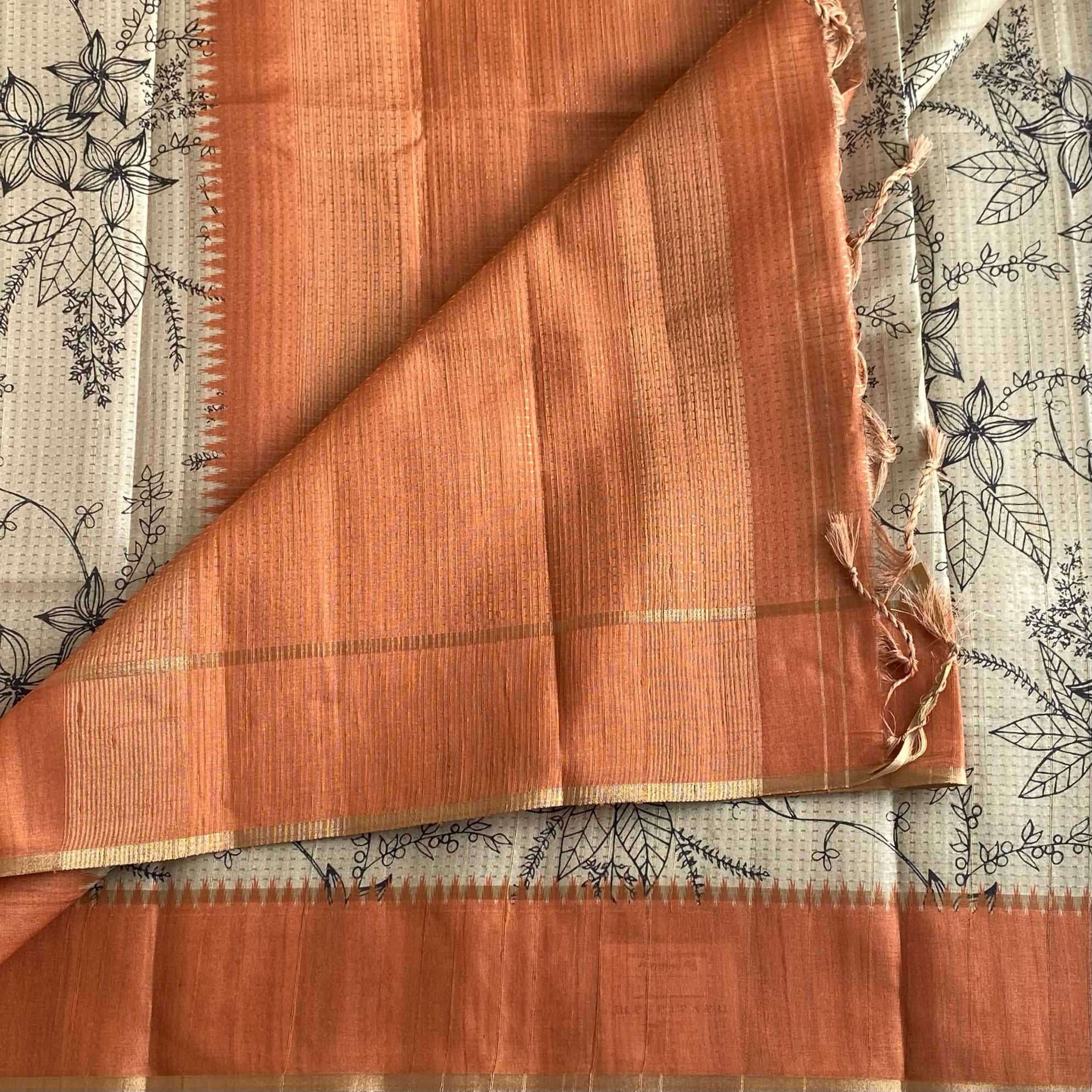 Ecru Beige Soft Tussar Silk Saree With Rusty Coral Panel
