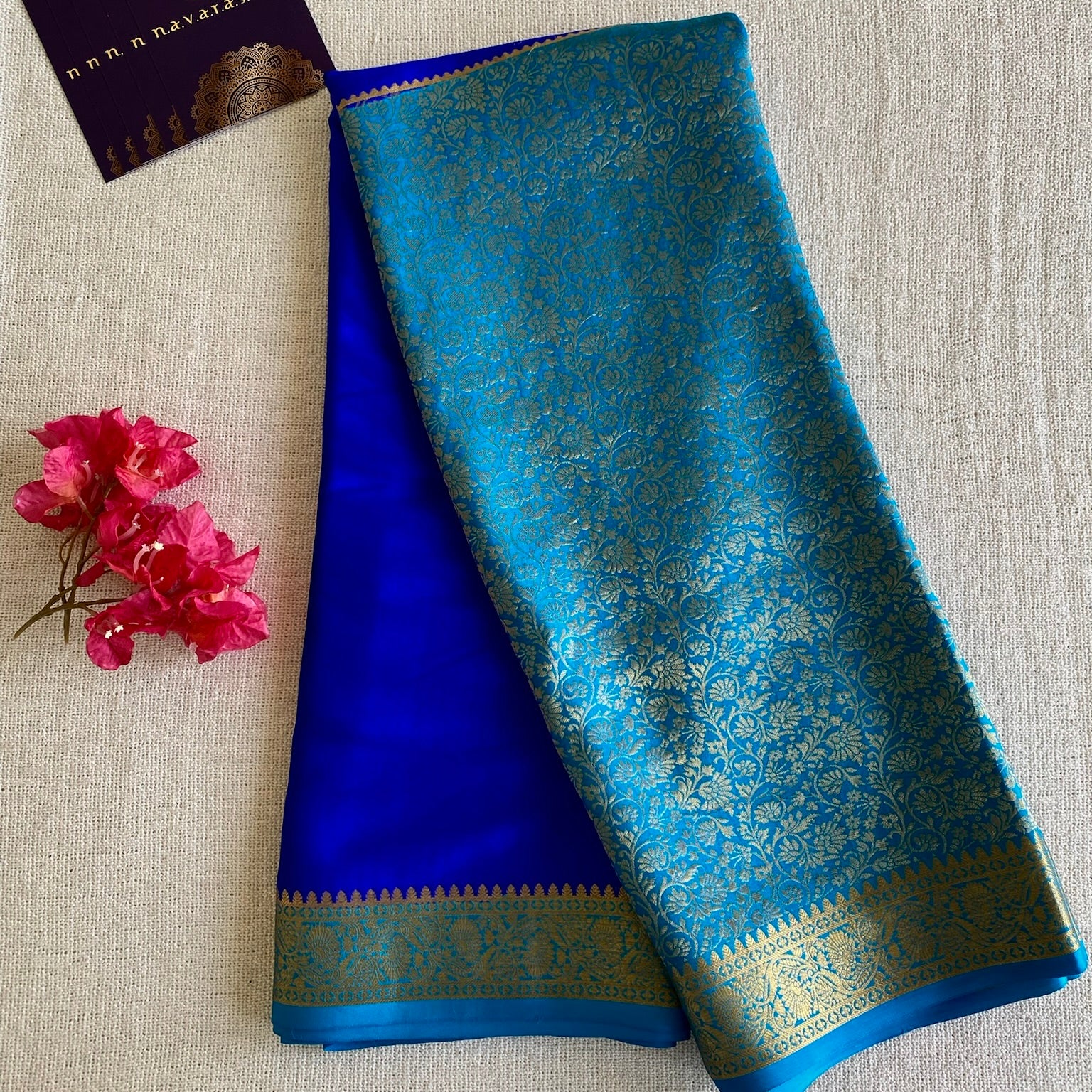 Royal Blue with Turquoise Half n Half Mysore Crepe Silk Saree With Metallic Gold Details