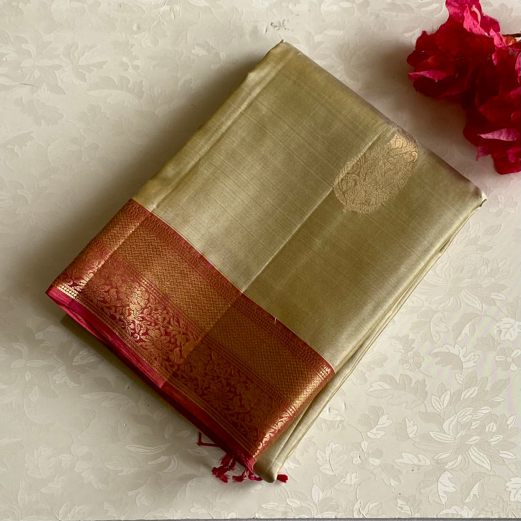 Golden Beige Designer Pure Silk Saree With Metallic Rose Magenta Pallu