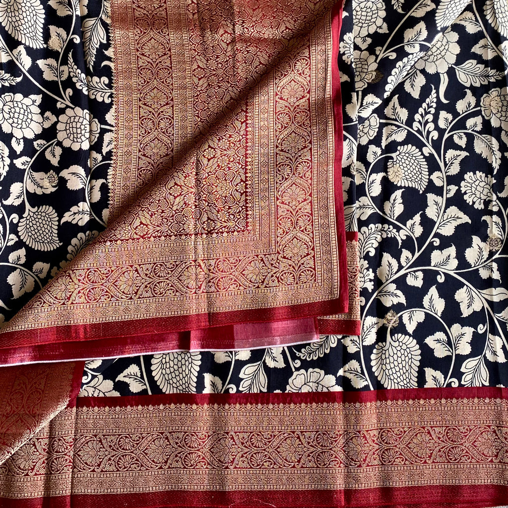 Midnight Black Soft Tussar Silk Saree With Deep Maroon Pallu