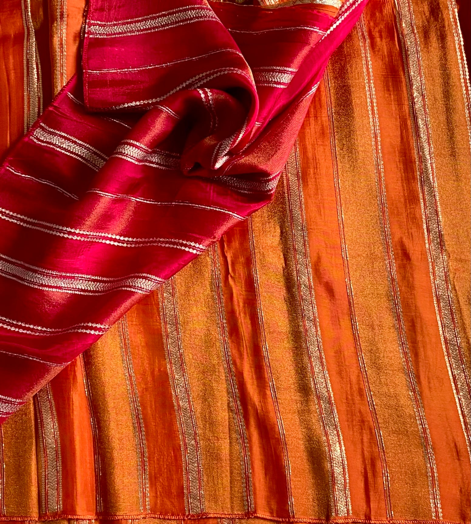 Burnt Orange soft blended Silk Saree Gold Buti Vertical Stripes designer drape Festive Traditional