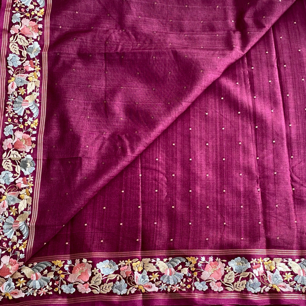 Deep Plum Soft Tussar Silk Saree With Coral Pink Embroidery
