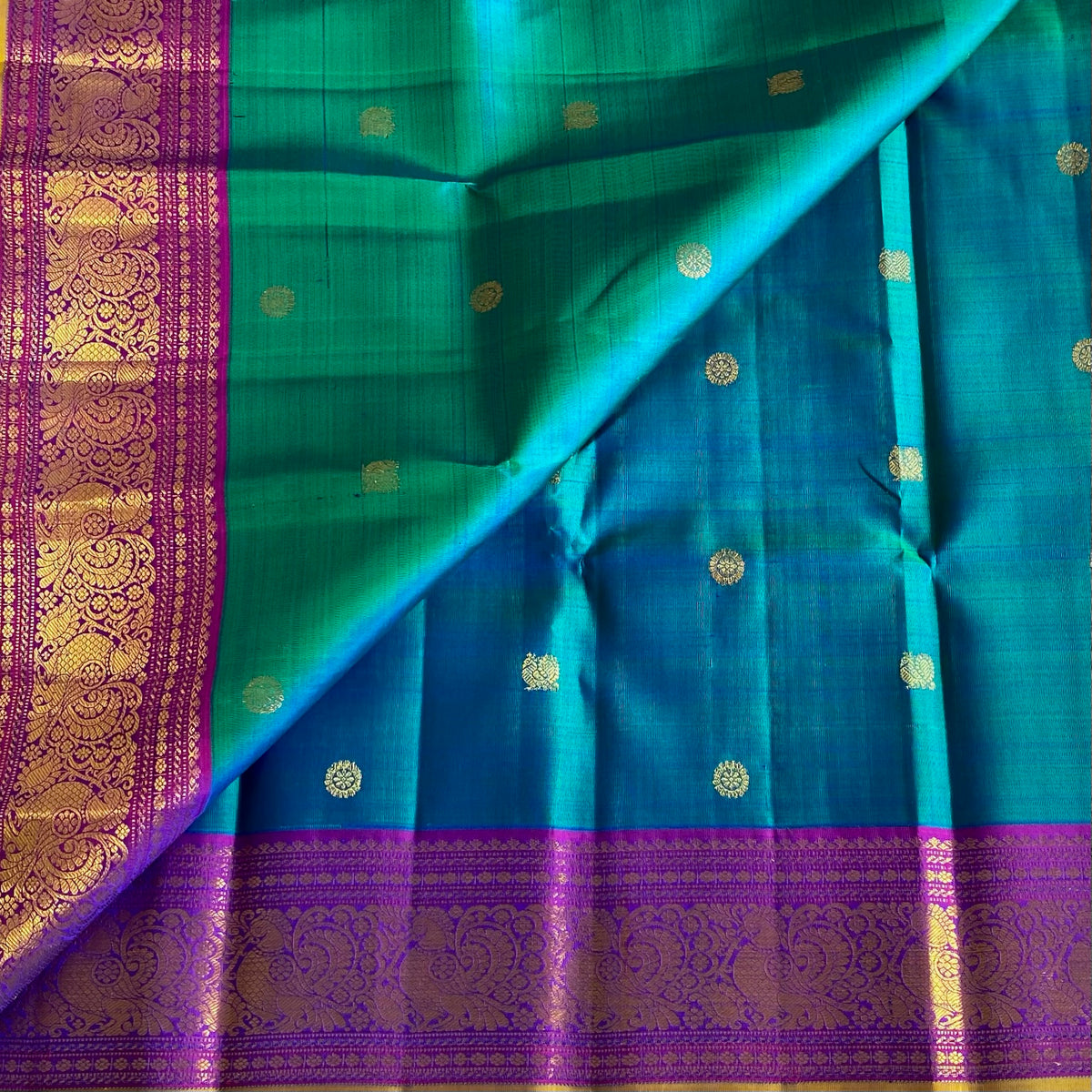 Stunner Peacock Blue Kanjeevaram Pure Zari Silk Saree With Dual Violet Purple Pallu