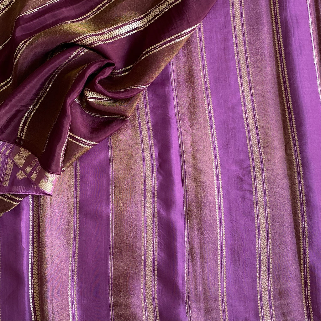Metallic Lavender With Wine Soft Designer Saree With Gold Zari Striped Buttas