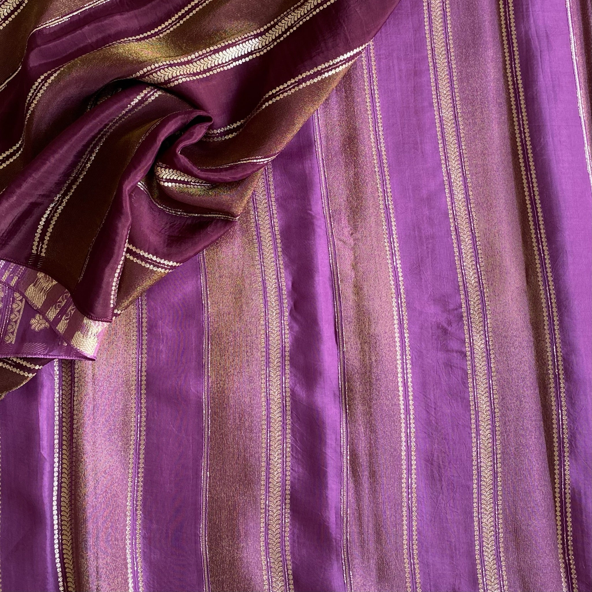 Metallic Lavender With Wine Soft Designer Saree With Gold Zari Striped Buttas
