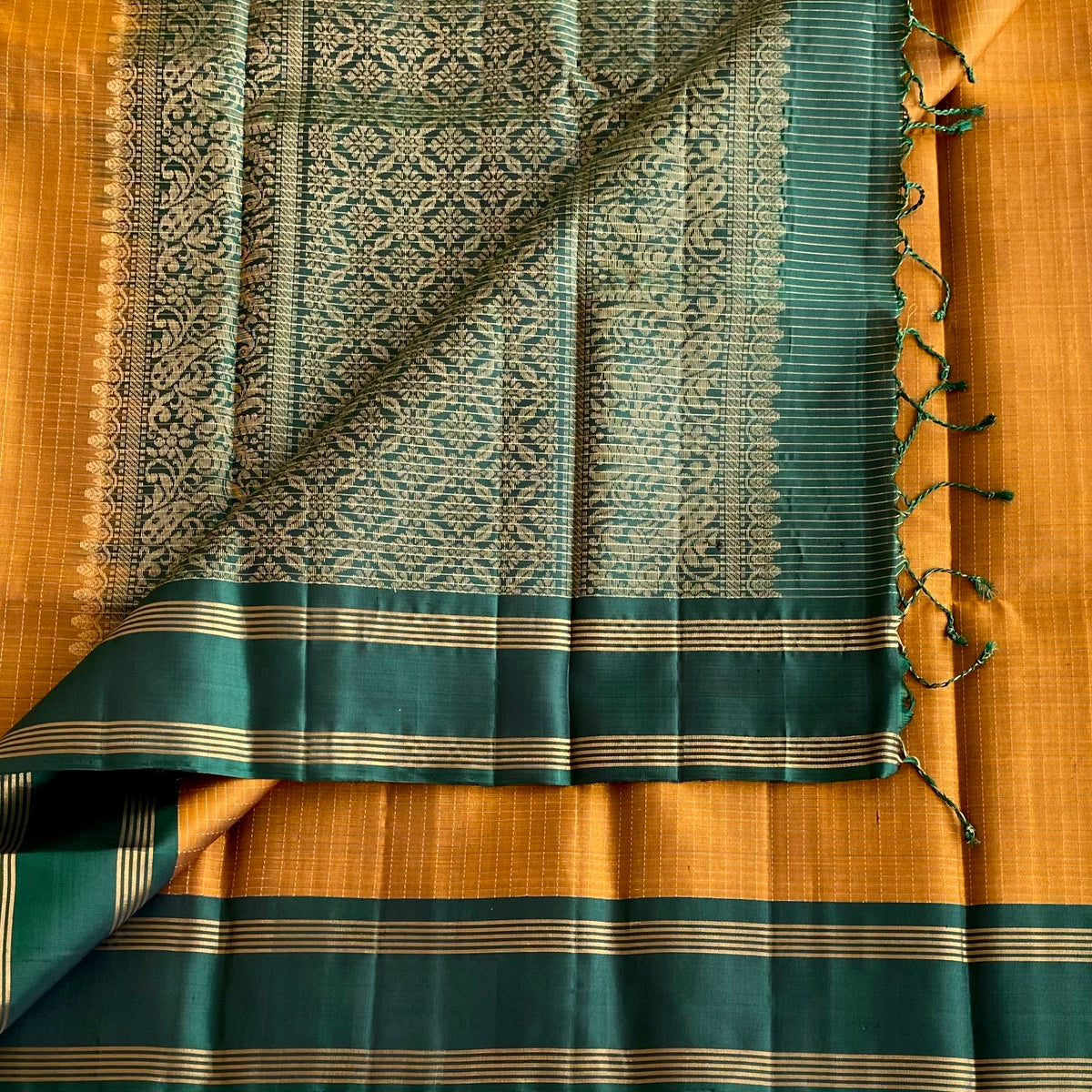 Jaggery Mustard Designer Pure Silk Saree With Bottle Green Pallu