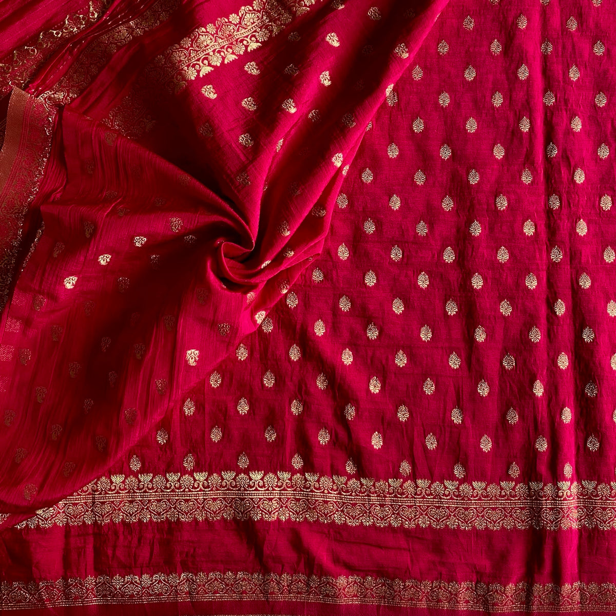 Rani Pinkish Red Soft Tussar Silk Saree With Antique Gold Brocade Pallu