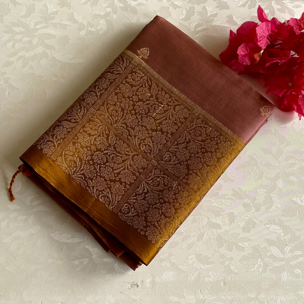 Dusky Mauve Designer Pure Silk Saree With Antique Gold Pallu