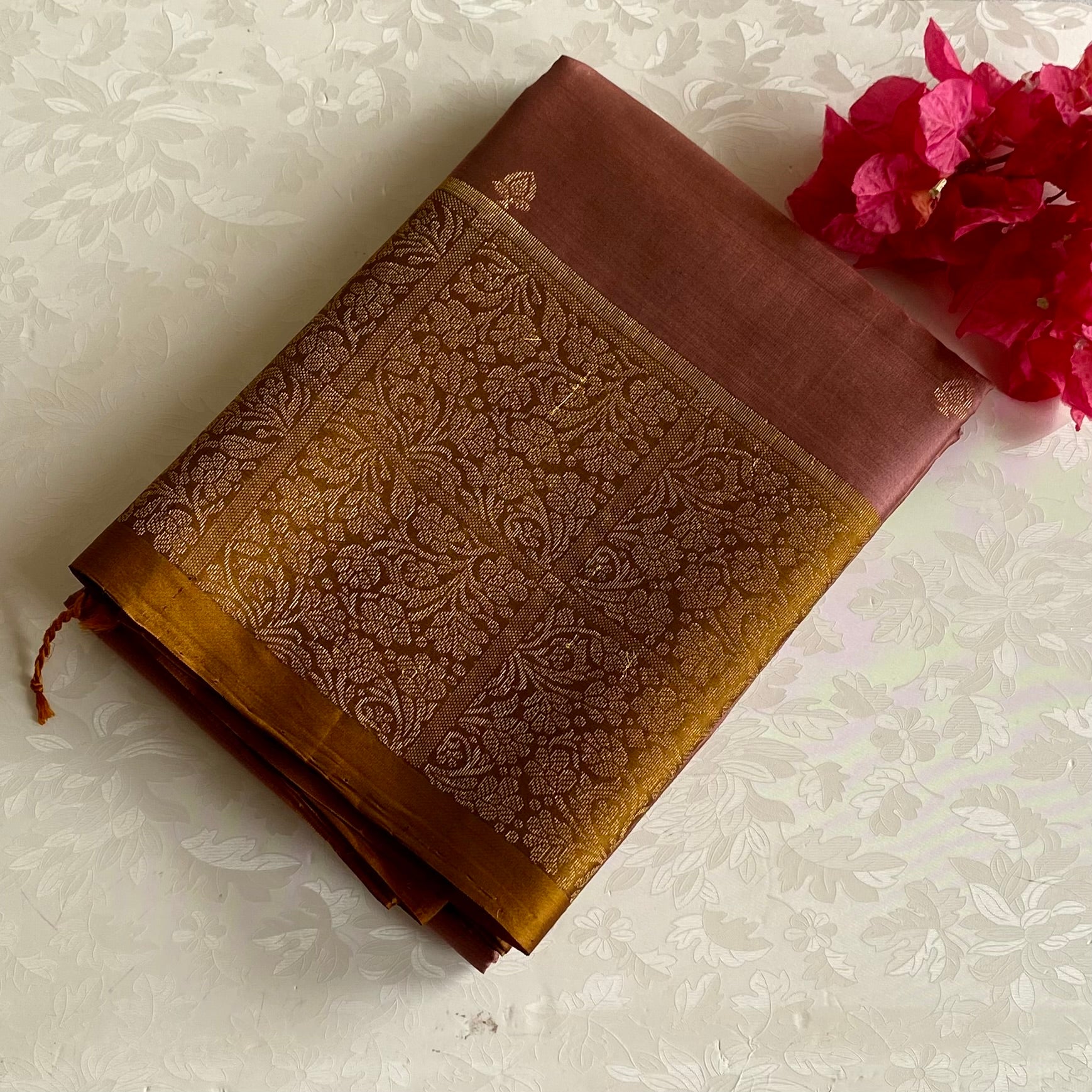 Dusky Mauve Designer Pure Silk Saree With Antique Gold Pallu