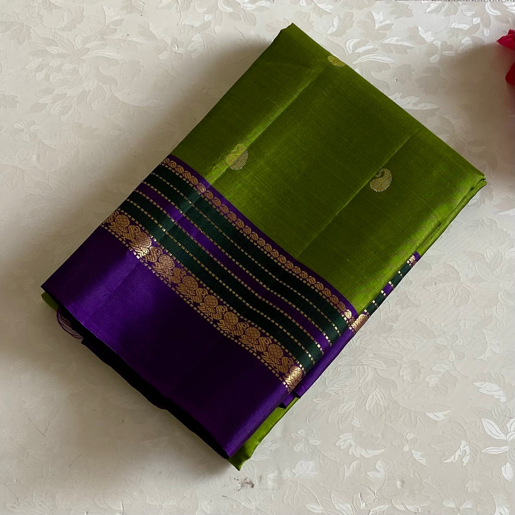 Kanjeevaram Pure Zari Silk Olive Green With Rich Royal Purple Contrast