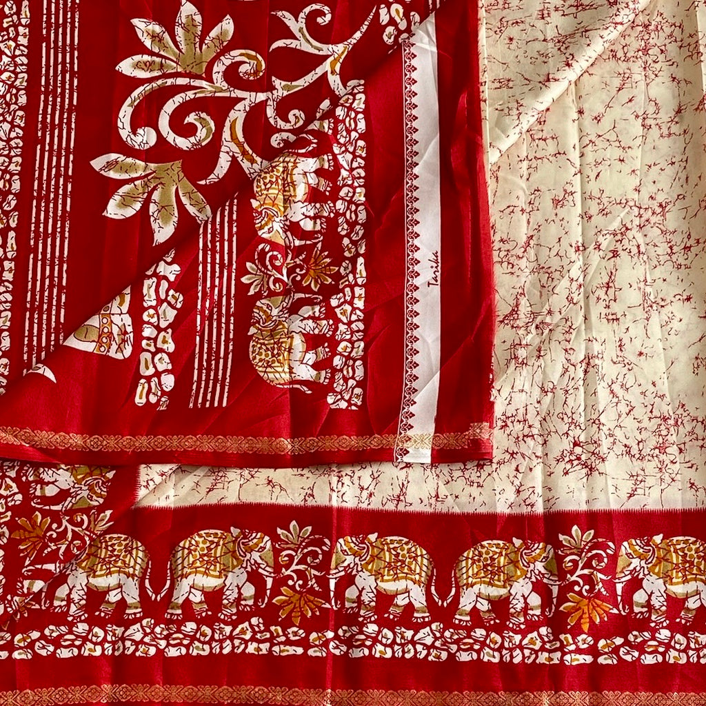 Ivory Beige Elephant Borders with Deep Crimson Printed Soft Cotton