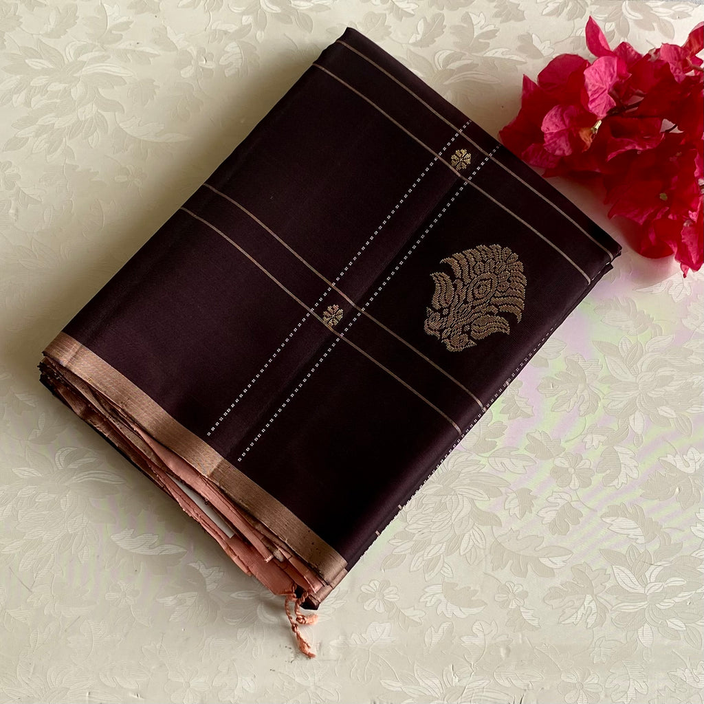 Chocolate Brown Checkered Designer Pure Silk Saree With Blush Peach Pallu