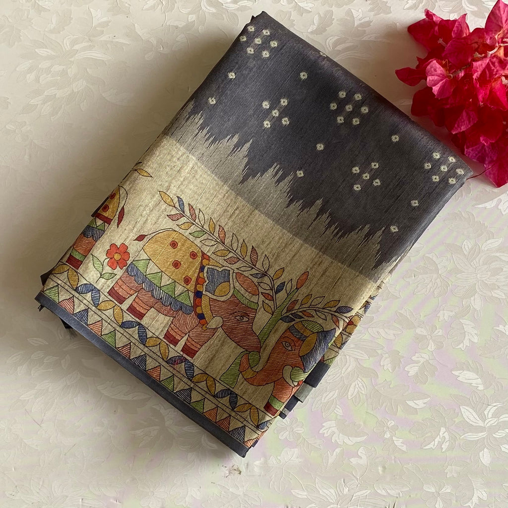 Cloud Grey Soft Tusaar Silk with Printed Designer Warli Borders & Pallu