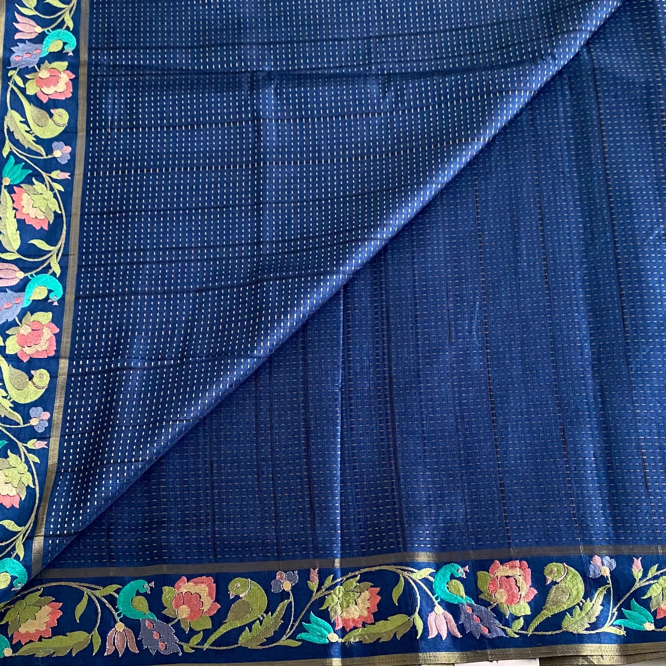 Denim Blue Tussar Silk With Designer Floral Embroidered Borders & Pallu