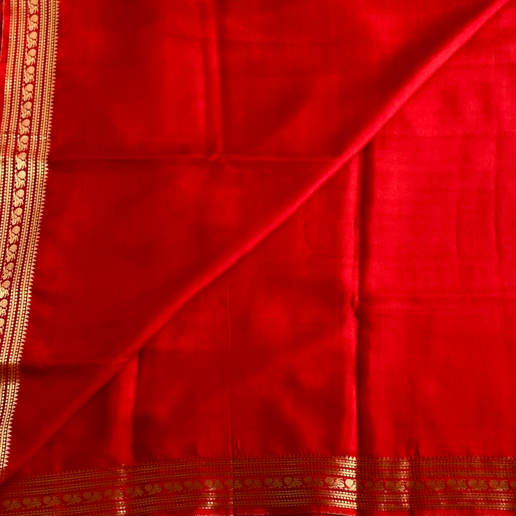 Scarlet Red Soft Crepe Silk Saree With Antique Gold Pallu And Border