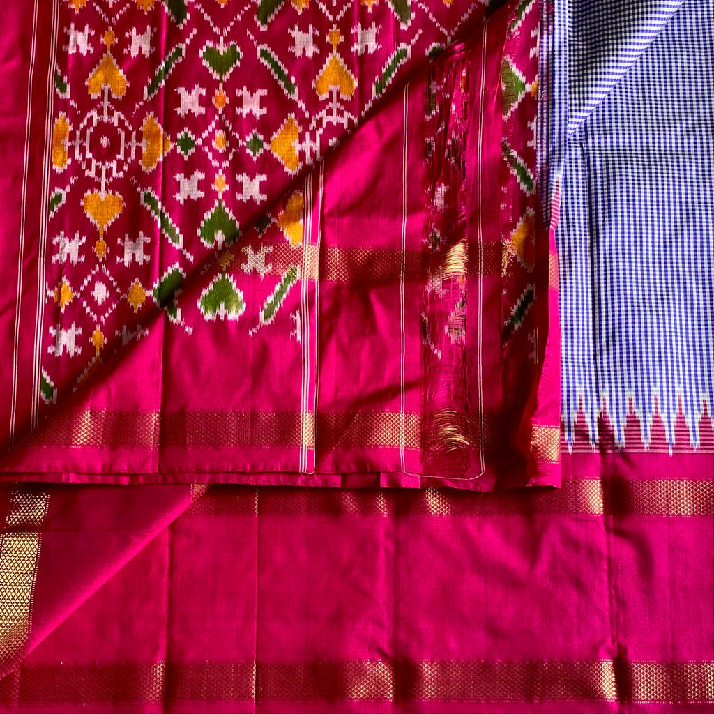Micro Checkered Blue Pure Ikkat Handloom Silk With Ikkat Woven Pallu & Blouse