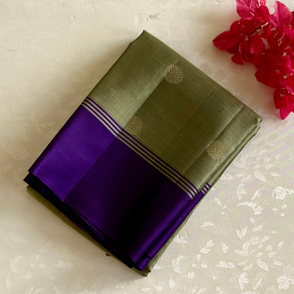 Dreamt Olive Green Designer Pure Silk Saree With Royal Purple Border