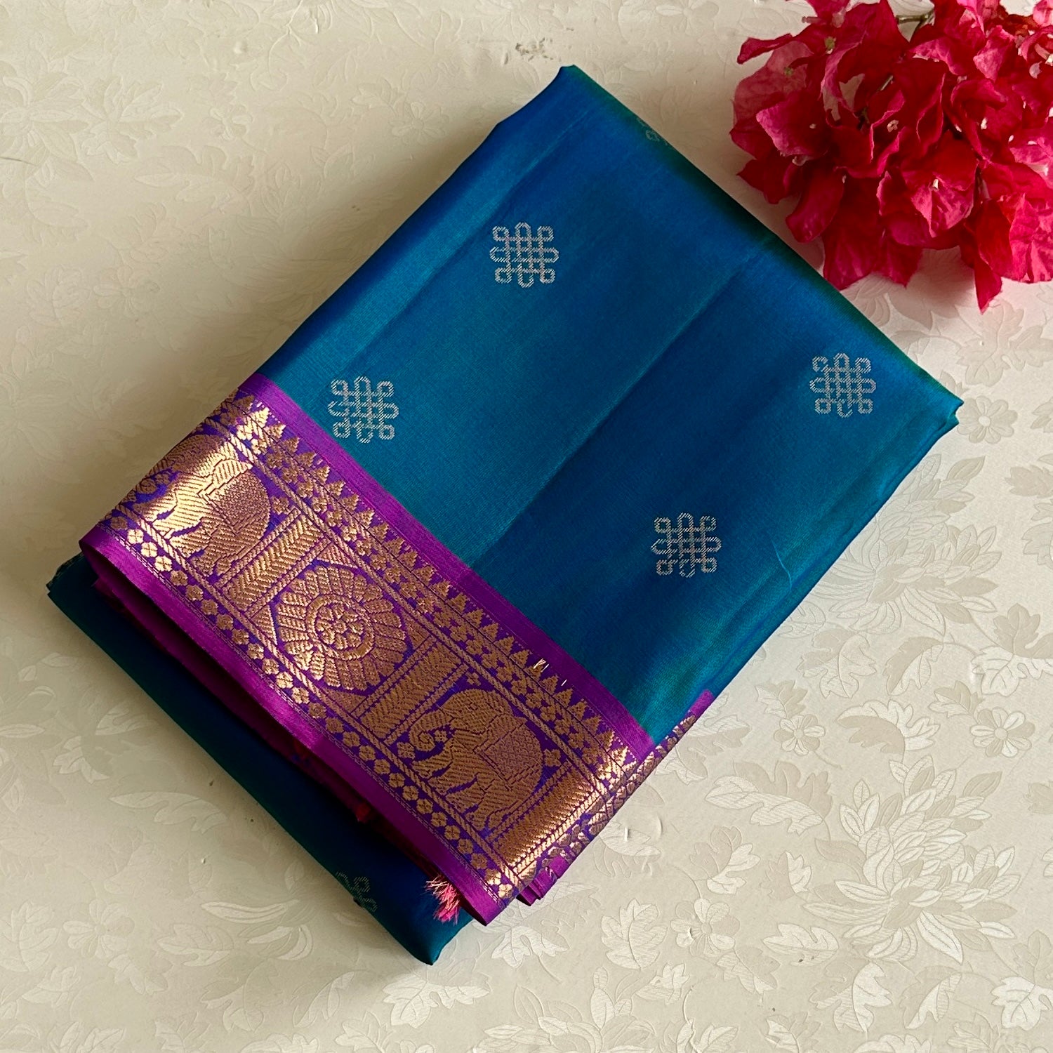 Dual Shaded Peacock Blue Designer Pure Silk Kollam Zari Weave