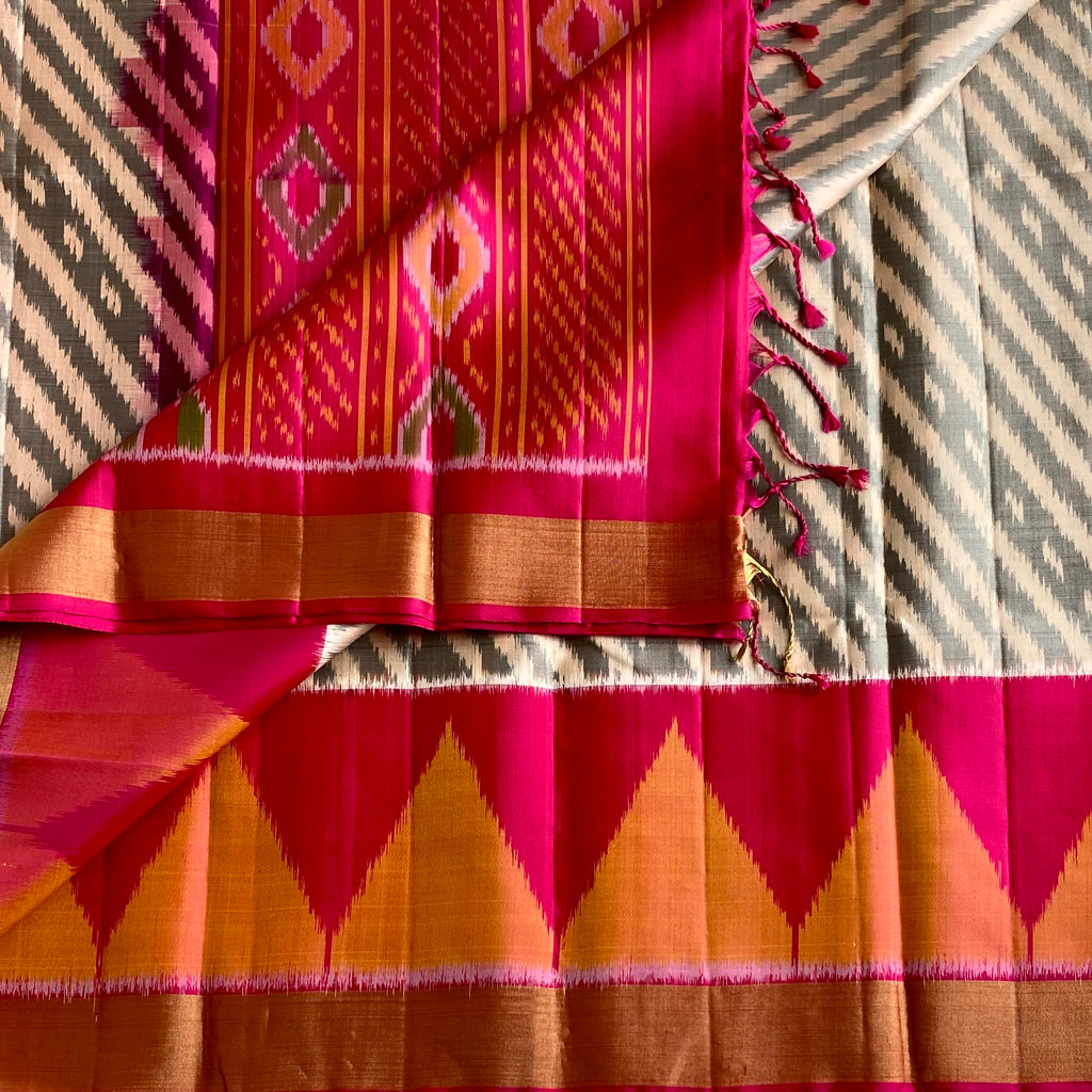 Ikkat Stunner in Pure Silk in Shades of Grey & Rani Pink