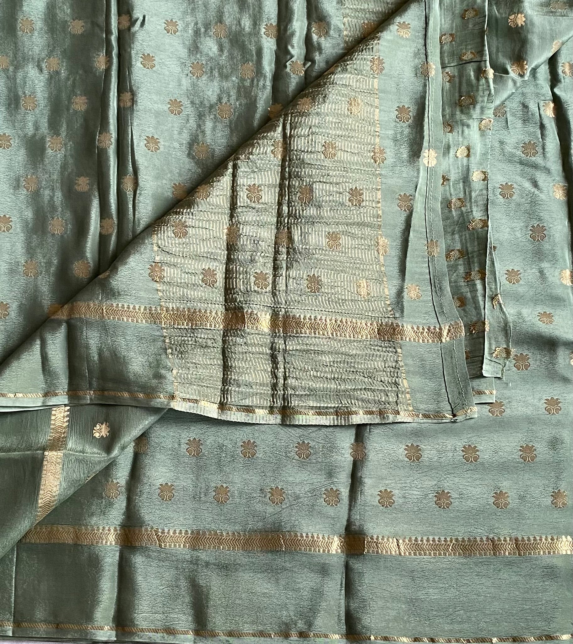 Sage Green soft crepe Saree Gold Buti Woven Zari Border Elegant