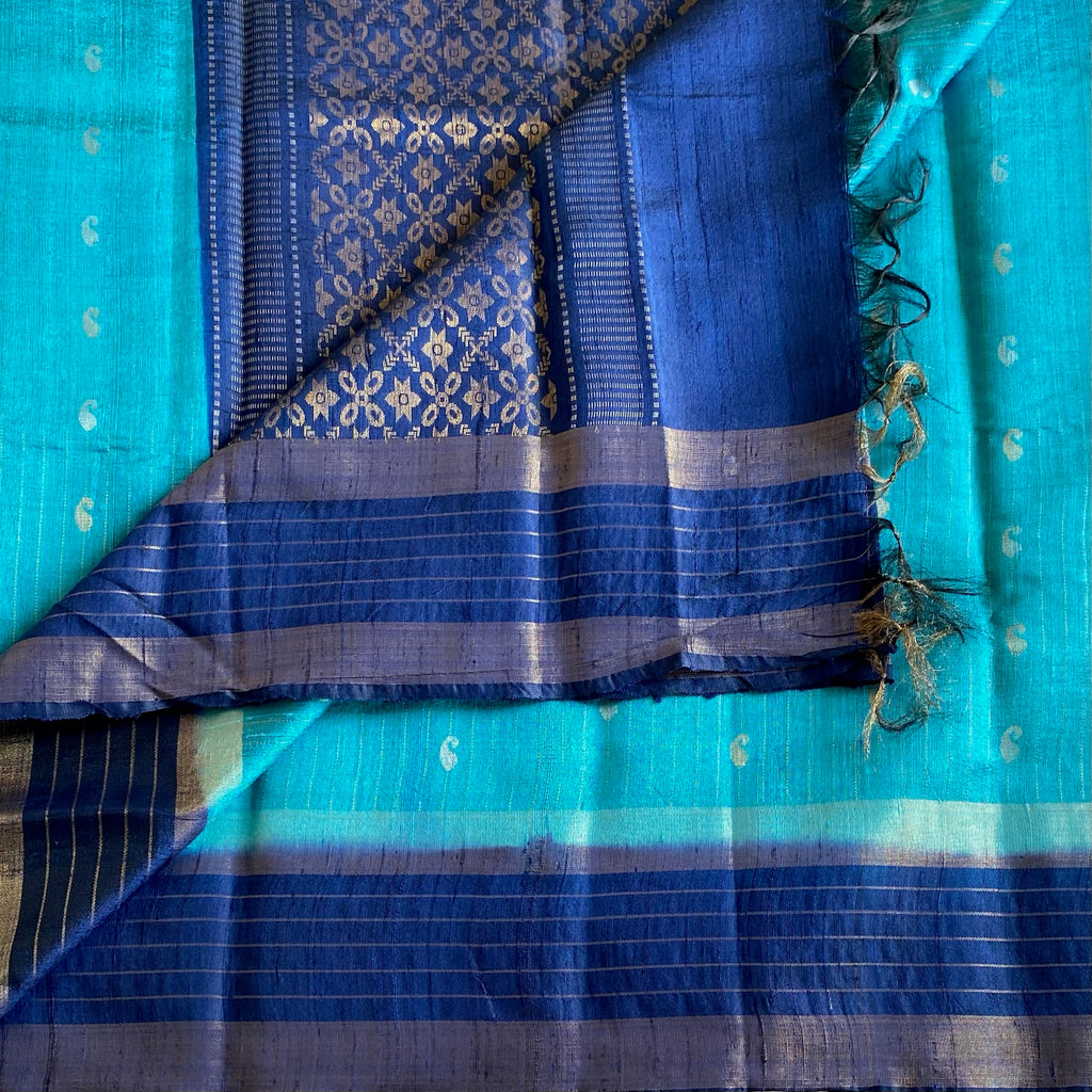 Turquoise blue Handwoven Pure Raw Silk With Indigo Blue Contrast