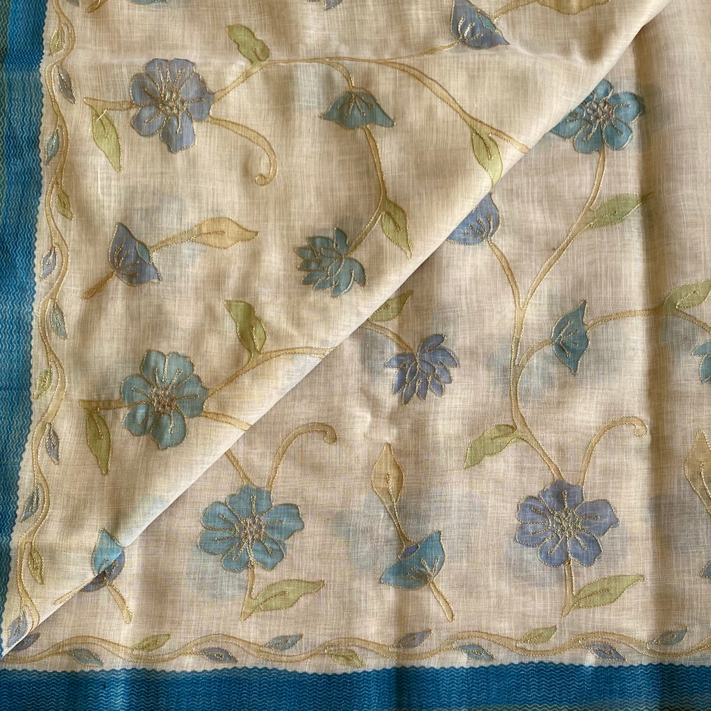 Pearl Beige & Blue Soft Tissue Linen With Designer Weave
