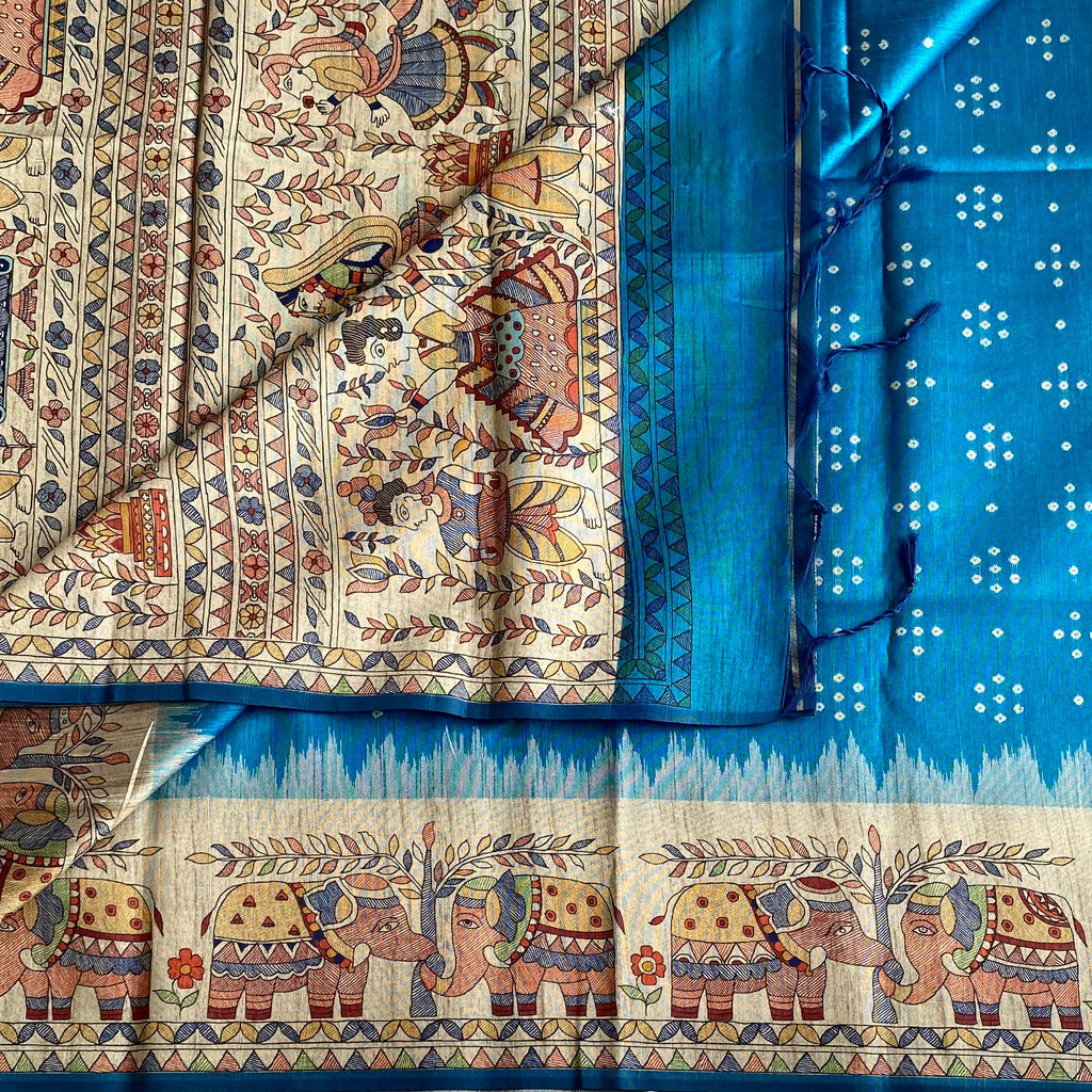 Turquoise Blue Soft Tusaar Silk with Printed Designer Warli Borders & Pallu