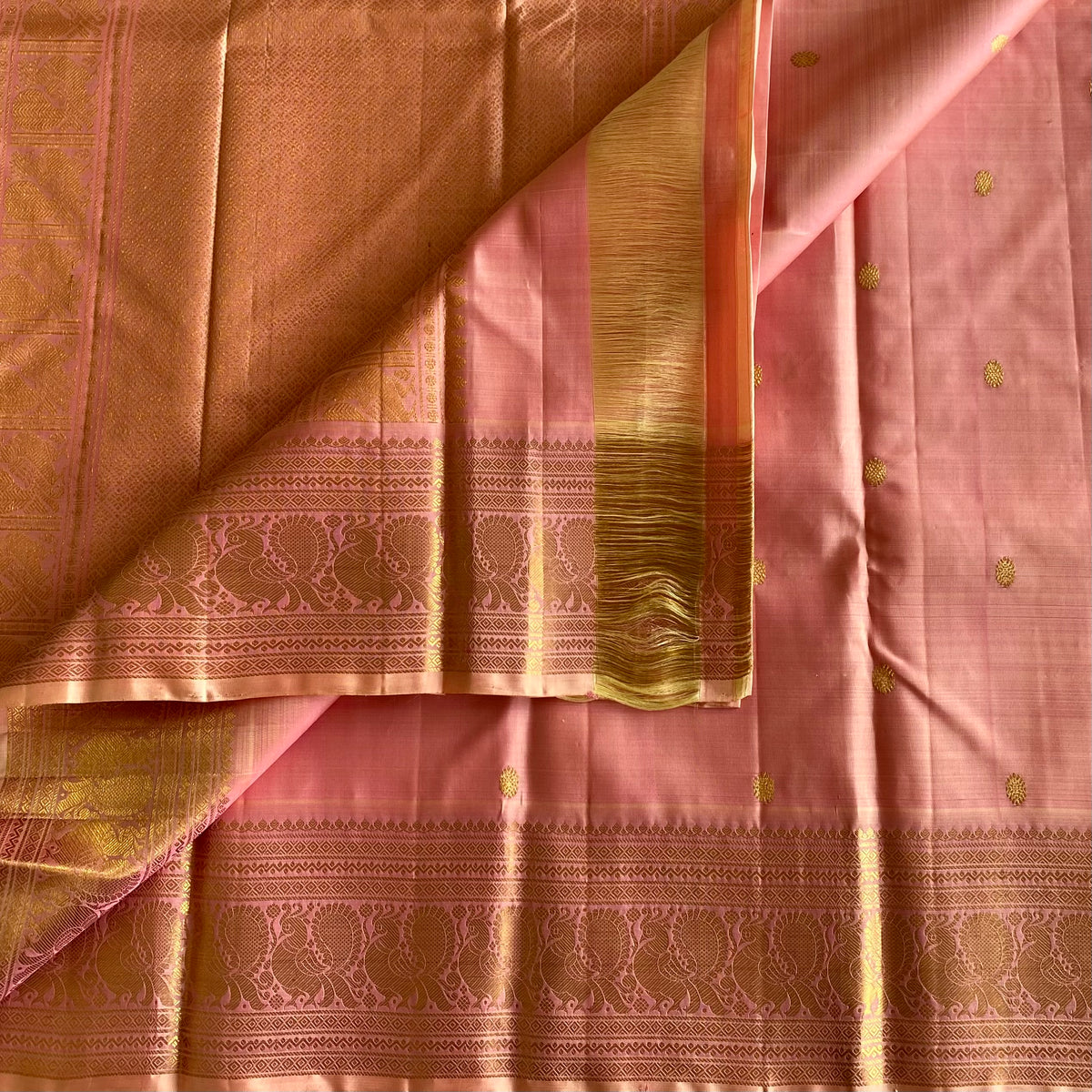 Blush Pink Kanjeevaram Pure Zari Silk Saree Gold Zari Border